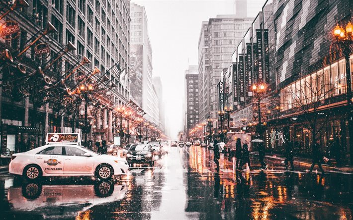 Chicago, street, winter, taxi, United States, Illinois