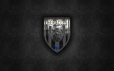 Heracles Almelo, Dutch football club, black metal texture, metal logo, emblem, Almelo, Netherlands, Eredivisie, Premier Division, creative art, football