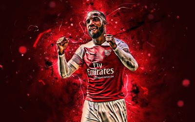 Alexandre Lacazette, close-up, Arsenal FC, goal, french footballers, soccer, Lacazette, red background, England, Premier League, football, The Gunners, neon lights