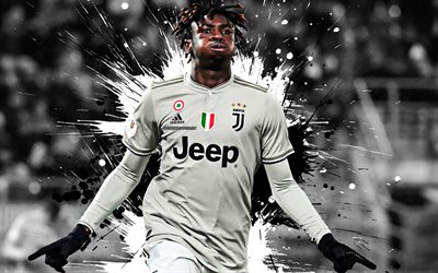 Moise Kean, 4k, Italian football player, Juventus FC, striker, black and white paint splashes, creative art, Serie A, Italy, football, grunge, Juve