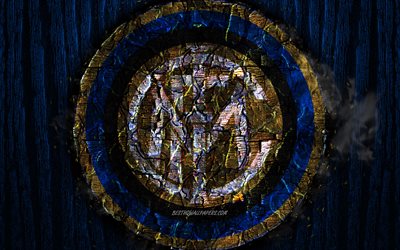 Inter Milan FC, scorched logo, Serie A, blue wooden background, italian football club, Internazionale, grunge, football, soccer, Inter Milan logo, fire texture, Italy