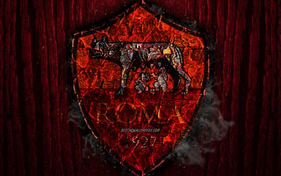 Roma FC, scorched logo, Serie A, maroon wooden background, italian football club, AS Roma, grunge, football, soccer, Roma logo, fire texture, Italy