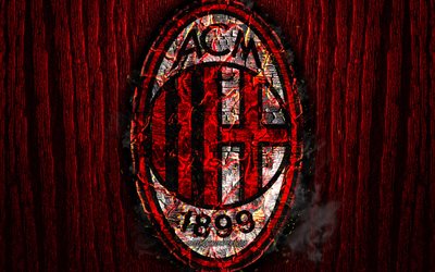 Milan FC, scorched logo, Serie A, red wooden background, italian football club, AC Milan, grunge, football, soccer, Milan logo, fire texture, Italy