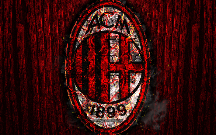 Milan FC, br&#251;l&#233;e logo, Serie A, rouge, fond de bois, italien, club de football, le Milan AC, le grunge, le football, le soccer, le Milan logo, le feu de la texture, Italie