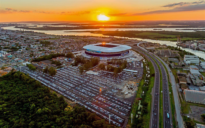 Gremio stadium, sunset, aerial view, Porto Alegre, Gremio FC, panorama, soccer, Arena Gremio, football stadium, Brazil, Gremio new stadium
