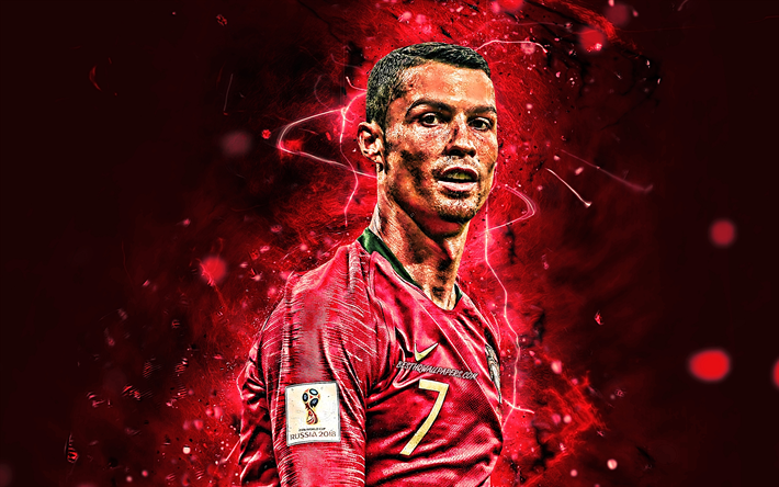 Cristiano Ronaldo, close-up, Portugal National Team, soccer, CR7, neon lights, red background, Portuguese football team