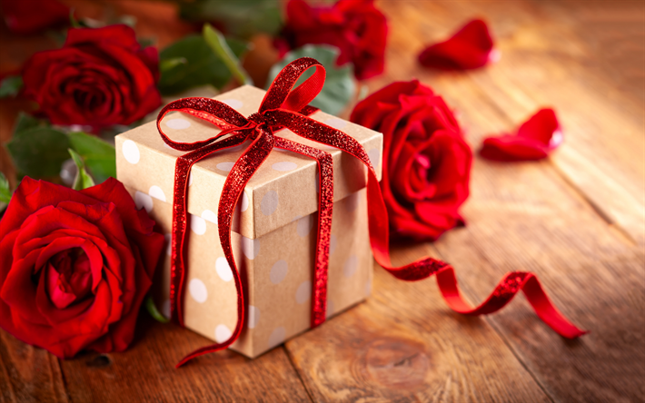 La saint valentin, cadeau, de soie rouge bow, roses rouges, de la romance, le 14 f&#233;vrier, rouge, ruban de soie