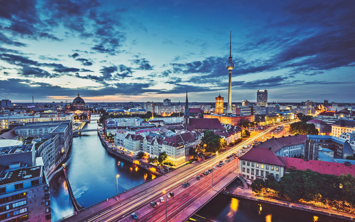 Berlin, evening, sunset, cityscape, Berlin TV Tower, skyline, Germany