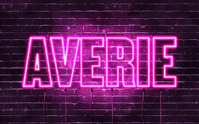 Averie, 4k, wallpapers with names, female names, Averie name, purple neon lights, horizontal text, picture with Averie name