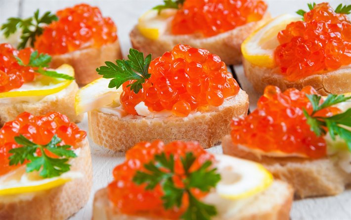 caviar rouge, plats de poisson, les poissons des collations, du caviar, des sandwichs avec du caviar rouge