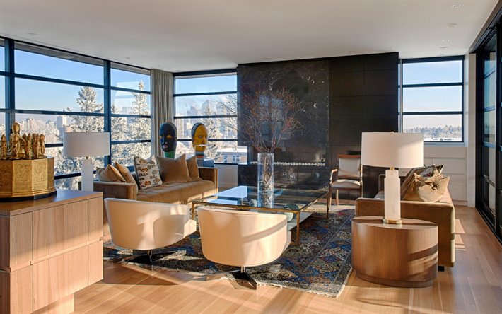 living room, stylish interior design, apartments, retro style, golden glass table