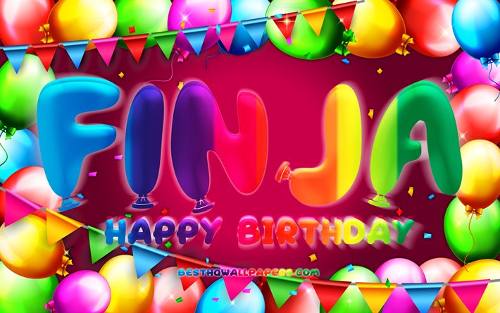 お誕生日おめでFinja, 4k, カラフルバルーンフレーム, Finja名, 紫色の背景, Finjaお誕生日おめで, Finja誕生日, ドイツの人気女性の名前, 誕生日プ, Finja