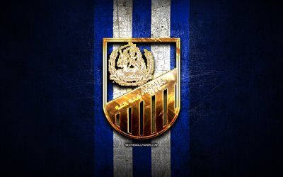 Lamia FC, golden logo, Super League Greece, blue metal background, football, FC Lamia, greek football club, Lamia logo, soccer, Greece
