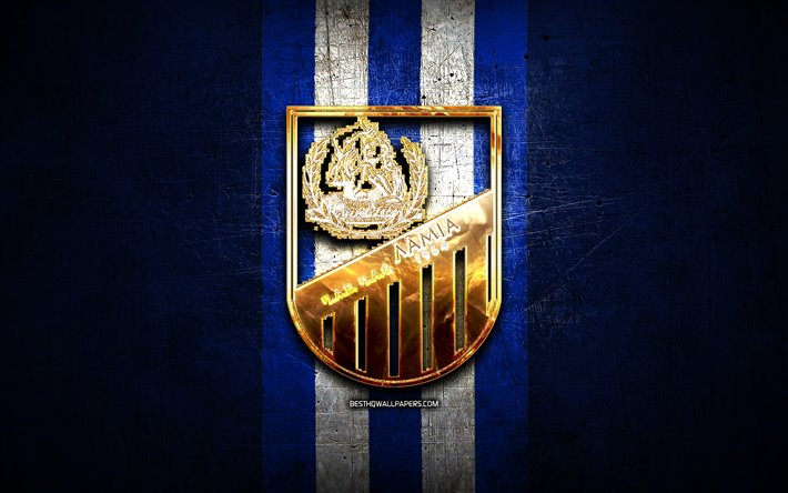 Lamia FC, altın logo, S&#252;per Lig Yunanistan, mavi metal arka plan, futbol, FC Lamia, Yunan Futbol Kul&#252;b&#252;, Lamia logo, Yunanistan