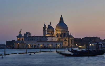 Santa Maria della Salute, Veneza, It&#225;lia, noite, p&#244;r do sol, Veneza paisagem urbana, catedral igreja, Veneza marco
