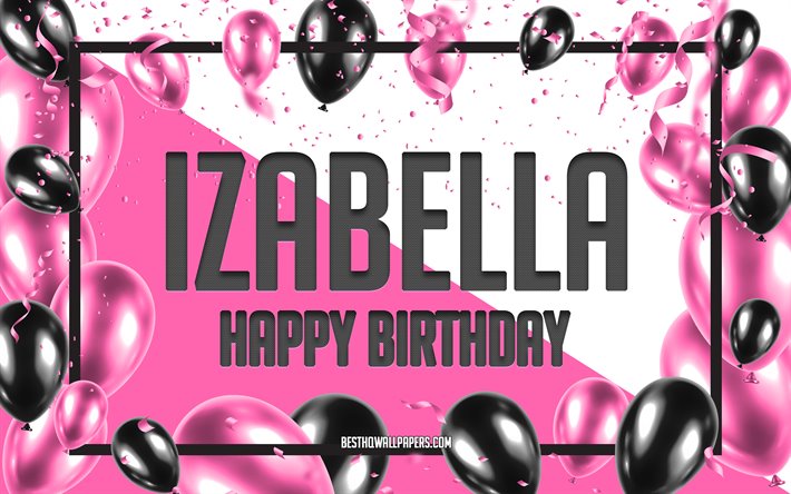 happy birthday izabella, geburtstag luftballons, hintergrund, izabella, tapeten, die mit namen, izabella happy birthday pink luftballons geburtstag hintergrund, gru&#223;karte, izabella geburtstag
