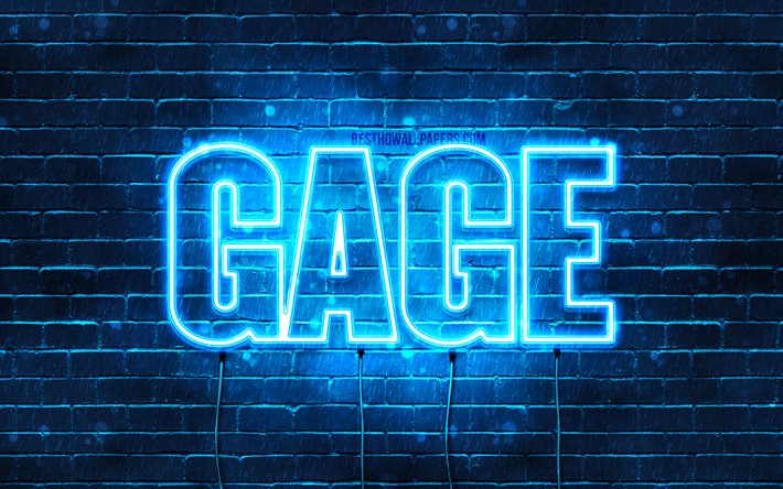 Gage, 4k, fondos de pantalla con los nombres, el texto horizontal, Gage nombre, luces azules de ne&#243;n, imagen con Gage nombre
