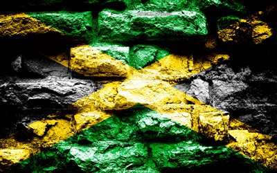 Jamaica flag, grunge brick texture, Flag of Jamaica, flag on brick wall, Jamaica, Europe, flags of South American countries