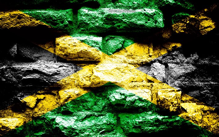 Jamaicas flagga, grunge tegel konsistens, Flagga av Jamaica, flaggan p&#229; v&#228;ggen, Jamaica, Europa, flaggor fr&#229;n l&#228;nder i sydamerika