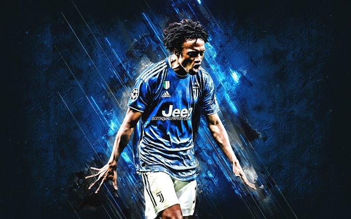 Juan Cuadrado, Juventus FC, Colombian football player, portrait, Cuadrado Juventus, blue stone background, Serie A, Italy, football