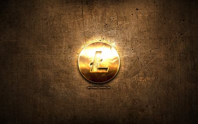 Litecoin golden logo, cryptocurrency, brown metal background, creative, Litecoin logo, cryptocurrency signs, Litecoin