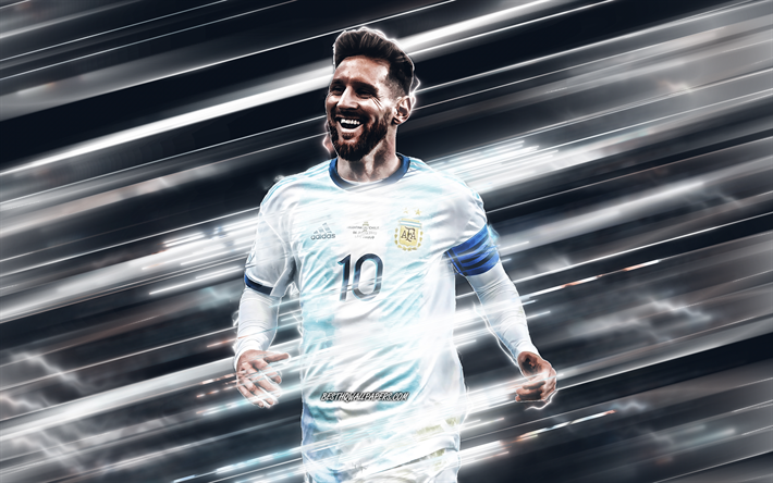 Lionel Messi, l&#39;Argentina squadra nazionale di calcio, Leo Messi, Argentino, giocatore di calcio, ritratto, Argentina, calcio, linee creative di sfondo
