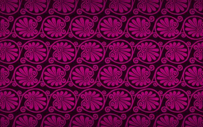 紫色の花のパターン, 4k, 花ギリシャの飾り, 背景の花の飾り, 花織, 花のパターン, 紫色の花の背景, ギリシャの飾り