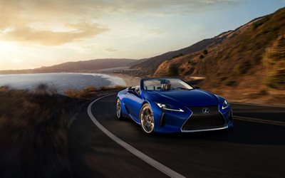 2021, Lexus LC 500 Convertible, vista de frente, azul convertible, azul nuevo LC500, los coches japoneses, Lexus