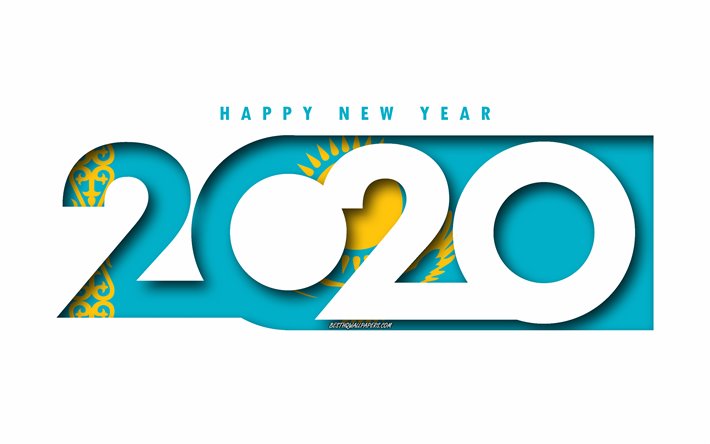 Kazakistan 2020, Bandiera del Kazakistan, sfondo bianco, Felice Anno Nuovo Kazakistan, 3d arte, 2020 concetti, Kazakistan bandiera, 2020, il Nuovo Anno 2020 Kazakistan bandiera