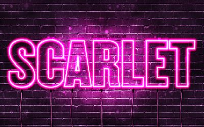 Scarlet, 4k, taustakuvia nimet, naisten nimi&#228;, Scarlet nimi, violetti neon valot, vaakasuuntainen teksti, kuva Scarlet nimi