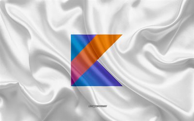 Kotlin logo, white silk texture, Kotlin emblem, programming language, Kotlin, silk background