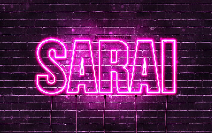 Sarai, 4k, fondos de pantalla con los nombres, los nombres femeninos, Sarai nombre, p&#250;rpura luces de ne&#243;n, el texto horizontal, imagen con el nombre Sarai