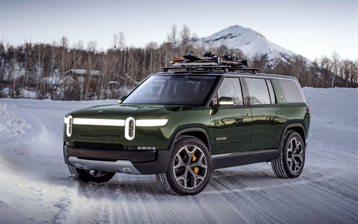 Rivian R1S, 2020, electric SUV, exterior, front view, new green R1S, Rivian