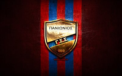 Panionios FC, golden logo, Super League Greece, red metal background, football, FC Panionios, greek football club, Panionios logo, soccer, Greece