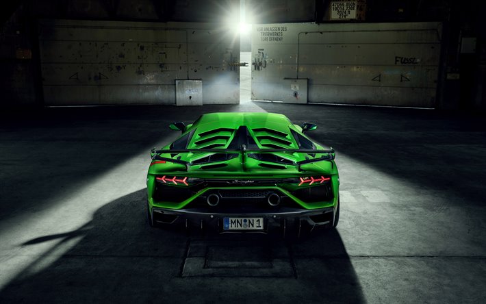 Lamborghini Aventador Novitec SVJ, 2019, ulkoa, takana, vihre&#228; superauto, Aventador tuning, vihre&#228; Aventador, Italian urheiluautoja, Lamborghini