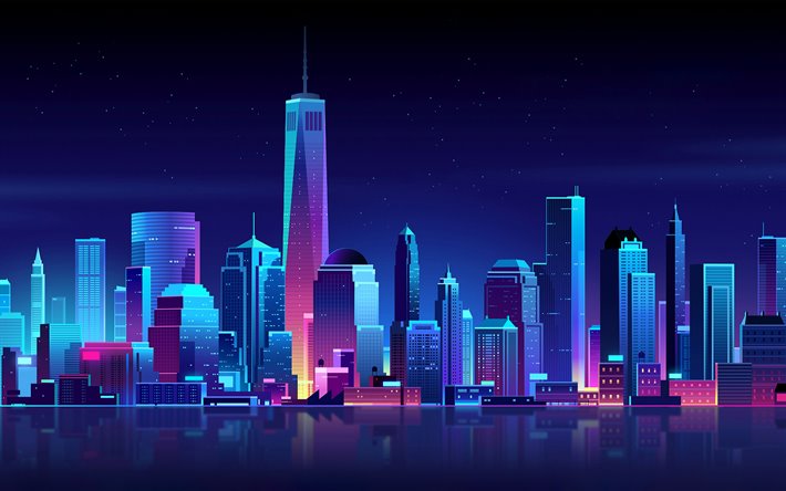 A cidade de nova York paisagem, de n&#233;on, edif&#237;cios, neon arte, arte criativa, World Trade Center 1, Nova York, EUA