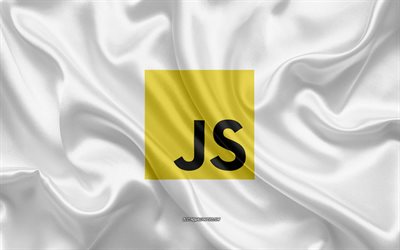 javascript-logo, wei&#223;e seide textur, javascript emblem, programmiersprache, javascript, seide hintergrund