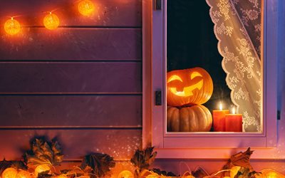 4k, Halloween, night, pumpkin, house, Happy Halloween