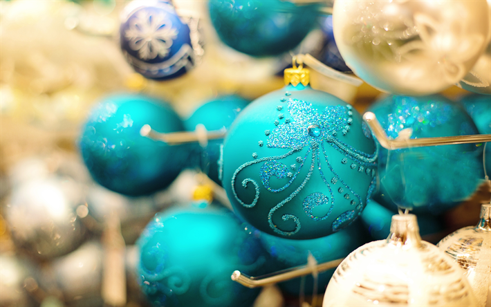 azul bolas de natal, 4k, decora&#231;&#245;es, Ano Novo, 2018, Natal