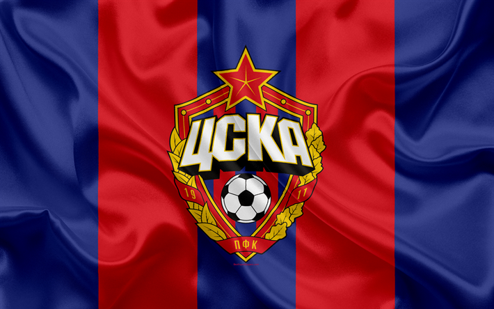 PFC CSKA Moskva, 4k, Ryska fotbollsklubb, logotyp, emblem, Rysk fotboll championship, Premier League, fotboll, Moskva, Ryssland, silk flag
