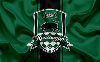 FC Krasnodar, 4k, Russian football club, logo, emblem, Russian football championship, Premier League, football, Krasnodar, Russia, silk flag