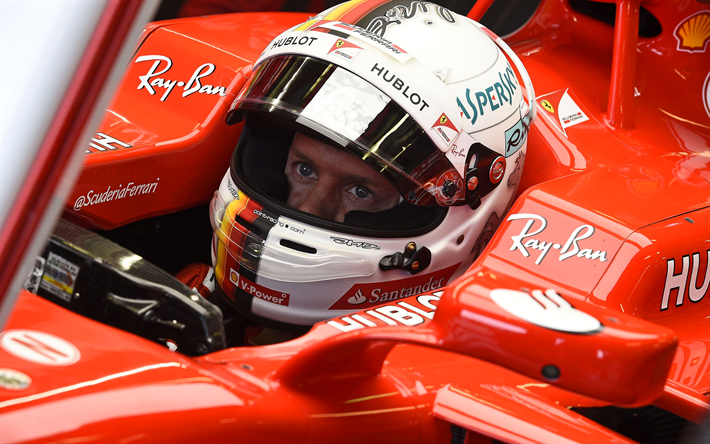 4k, Sebastian Vettel, le poste de pilotage, en 2017, des Ferrari, des bo&#238;tes, F1, Formule 1 De la Scuderia Ferrari, Formule Un