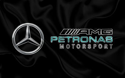 Mercedes-AMG Petronas Motorsport, 4k, F1, silk flag, racing team, Formula 1, Mercedes, racing