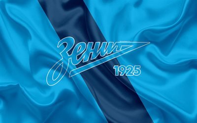 FC Zenit Saint Petersburg, 4k, Russian football club, logo, Zenit emblem, Russian football championship, Premier League, football, St Petersburg, Russia, silk flag