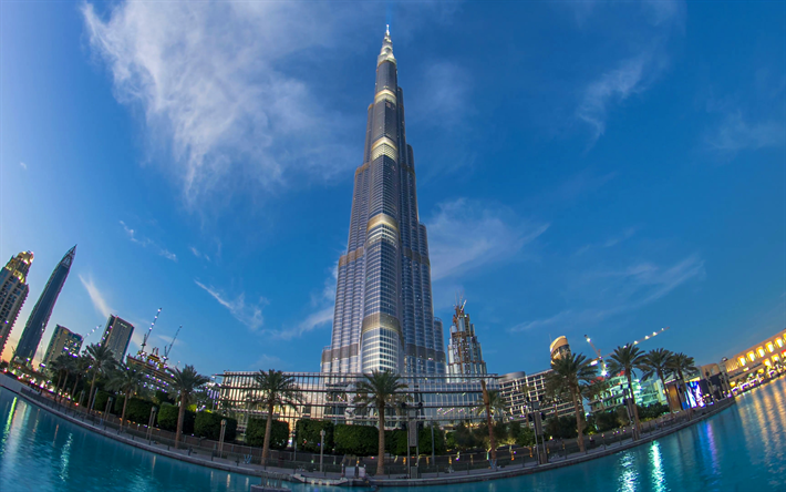برج خليفة, 4k, بانوراما, المباني الحديثة, ناطحات السحاب, الإمارات العربية المتحدة, دبي