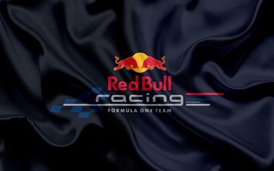 Red Bull Racing F1, 4k, racing team, Formula 1, logo, silk flag, Formula One Team