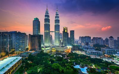 Les Tours Petronas, susnet, 4k, KLCC, gratte-ciel, l&#39;Asie, Kuala Lumpur, Malaisie
