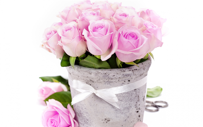 rosas cor-de-rosa, 4k, buqu&#234;, pequenas rosas, flores cor de rosa, vaso