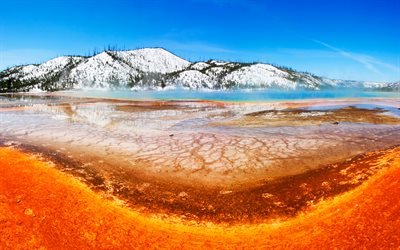 USA, Grand Prismatic Spring, 4k, Yellowstone National Park, amerikanska landm&#228;rken, hot springs, Amerika