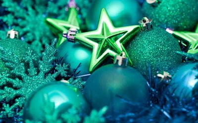 green Christmas balls, 4k, Christmas decorations, stars, Happy New Year, 2018, Christmas